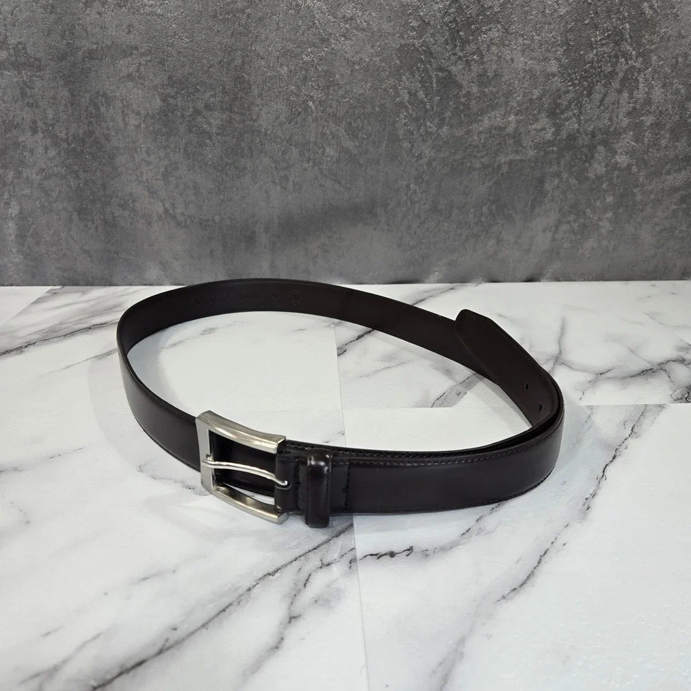 KM Legend Mens 46 Black Leather Dress Belt Silver Buckle Work Formal Classic